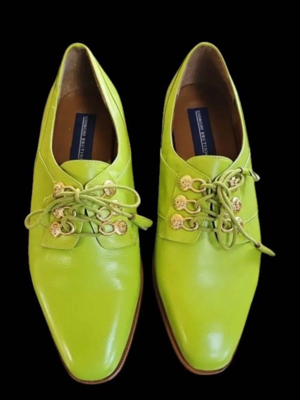 Giorgio Brutini Lime Green Leather Oxfords Gold Lion Eyelet Dress Shoes not worn